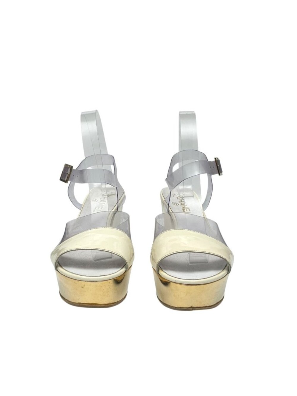 CHANEL Vintage Gold Wedge Platforms With PVC Straps sz 9.5 - Picture 3 of 16